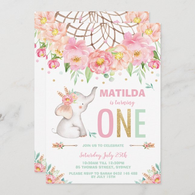Elephant 1st Birthday Boho Pink Floral Girl Invitation (Front/Back)