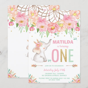 Elephant 1st Birthday Boho Pink Floral Girl Invitation