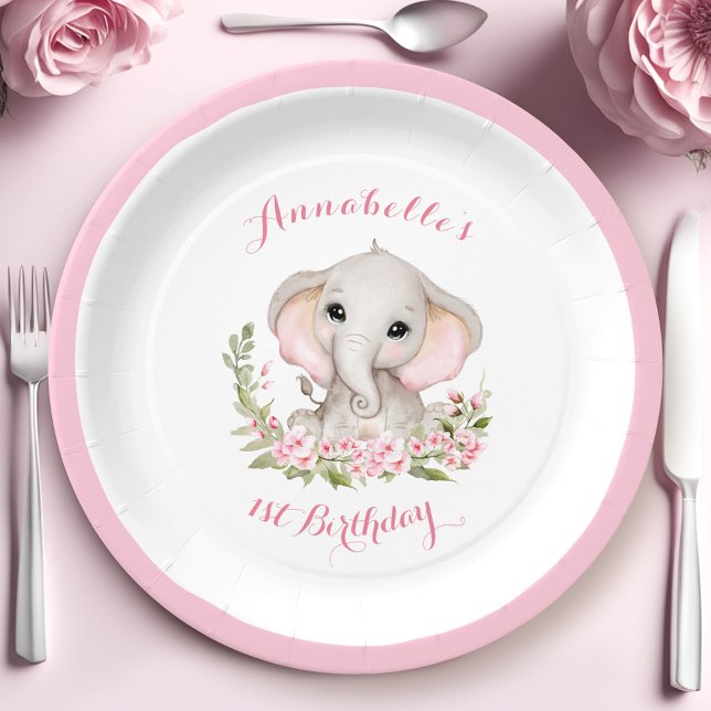 Elephant 1st Birthday Girl Custom Age Pink Spring Paper Plate (Elephant 1st Birthday Girl Custom Age Pink Spring Paper Plates)