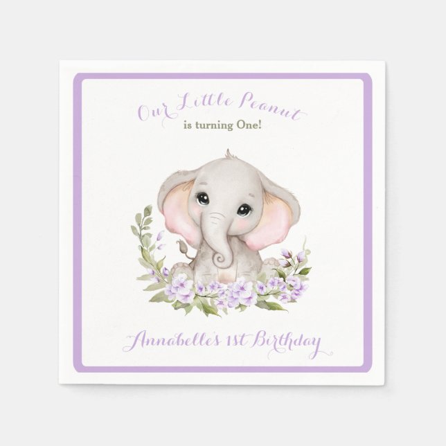Elephant 1st Birthday Girl Custom Age Purple Napkin (Front)