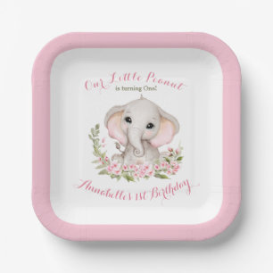 Elephant 1st Birthday Girl Custom Age Square Paper Plate