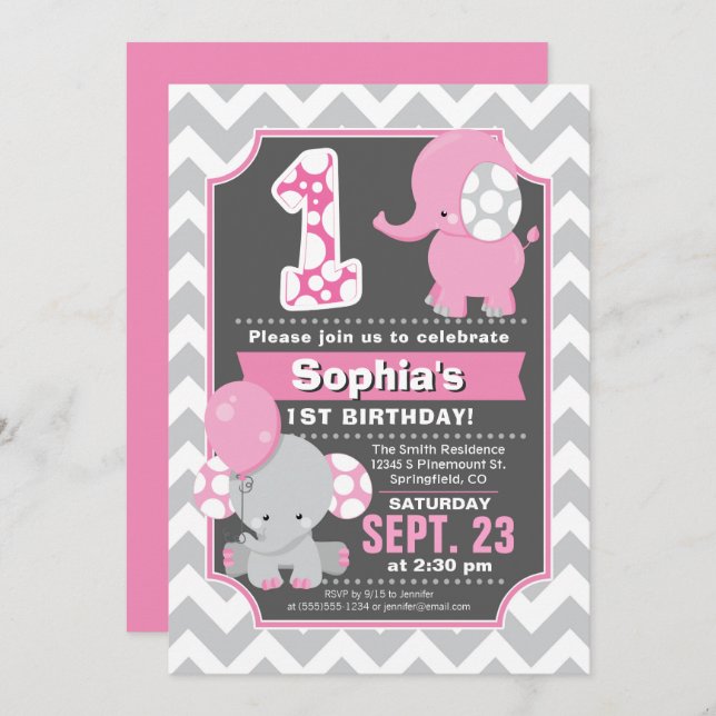 Elephant 1st Birthday Girl Invitation (Front/Back)