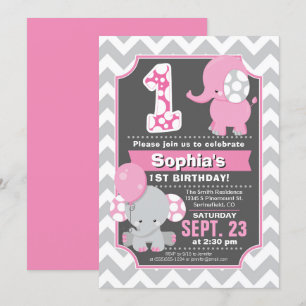 Elephant 1st Birthday Girl Invitation