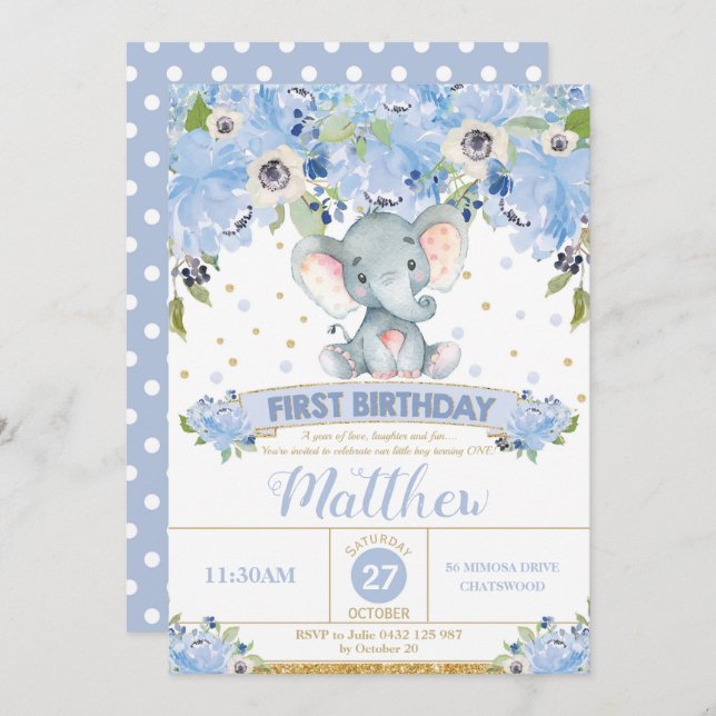 Elephant 1st Birthday Invitation Boy Blue Floral (Front/Back)