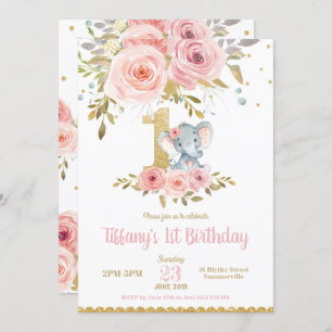 Elephant 1st Birthday Invitation Girl Pink Floral