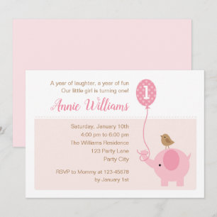 Elephant 1st Birthday Invitation (Girls) Balloon