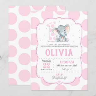 Elephant 1st Birthday Invitation Pink Polka Dots