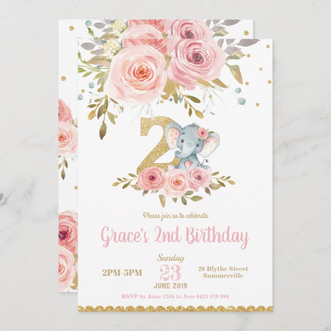 Elephant 2nd Birthday Invitation Girl Pink Floral (Front/Back)