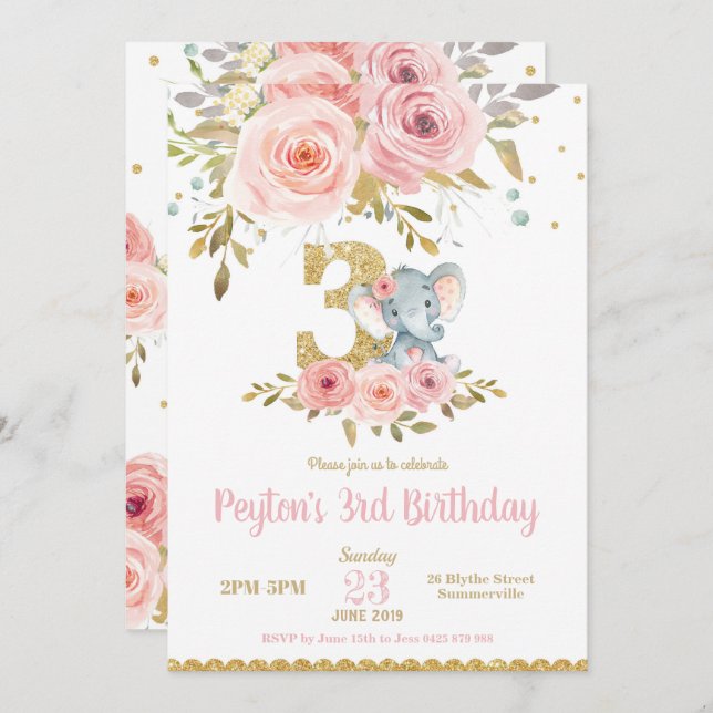 Elephant 3rd Birthday Invitation Girl Pink Floral (Front/Back)