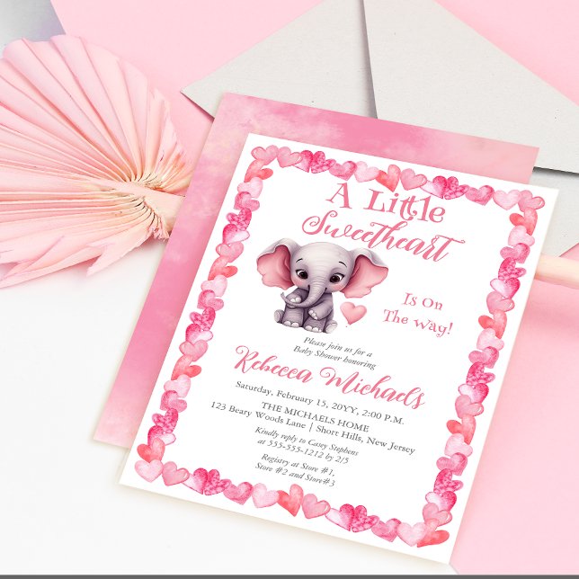 Elephant A Little Sweetheart Girl Baby Shower Invitation (Pink Hearts | Elephant "A Little Sweetheart Is On The Way" Girl Baby Shower Invitation)