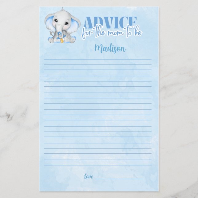   Elephant  Advice for Mum Baby Shower Game (Front)