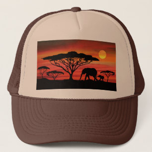 Elephant and Baby and Serengeti Sunset Trucker Hat