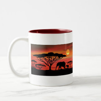 Elephant and Baby and Serengeti Sunset Two-Tone Coffee Mug