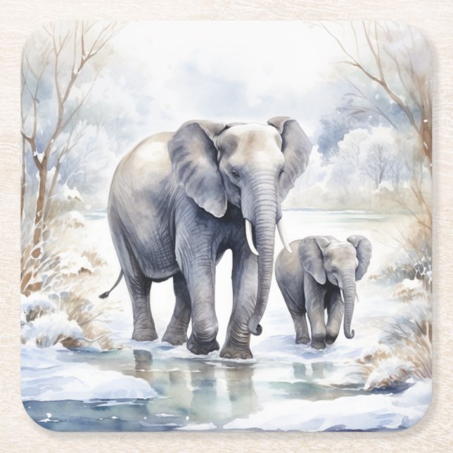 Elephant and Baby Square Paper Coaster (Front)