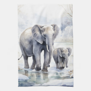Elephant and Baby Tea Towel