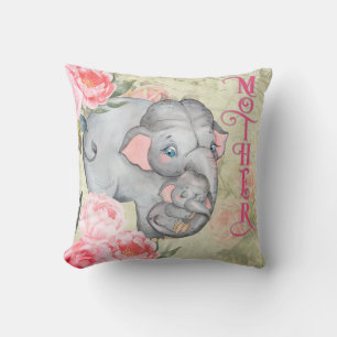 Elephant and Baby Vintage Floral Mothers Day Cushion