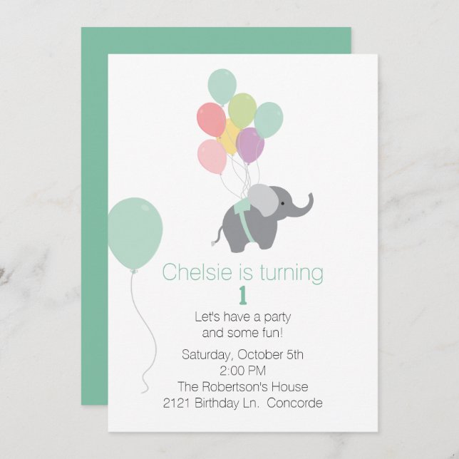 Elephant and Balloons First Birthday Invitation (Front/Back)