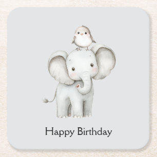Elephant and Bird Best Friends Grey Birthday Square Paper Coaster