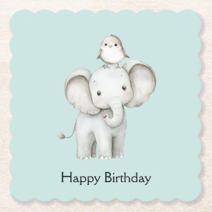 Elephant and Bird Best Friends Mint Birthday Paper Coaster