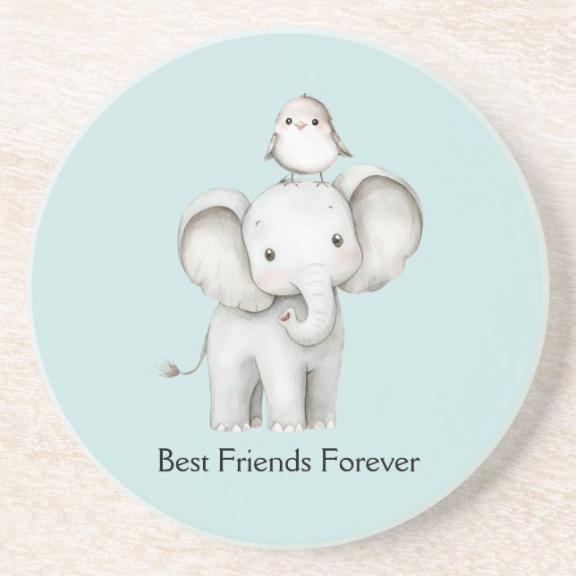 Elephant and Bird Best Friends Mint Coaster (Front)