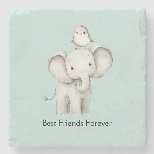 Elephant and Bird Best Friends Mint Stone Coaster (Front)