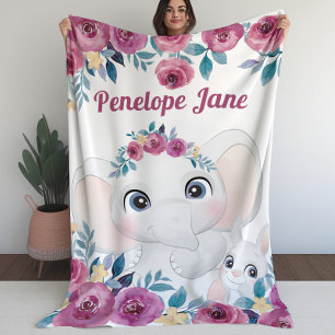Elephant and Bunny Maroon Roses Custom Name Fleece Blanket