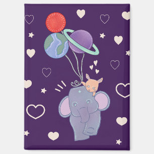Elephant and Bunny Space Balloon Ride Whimsical Magnet