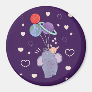 Elephant and Bunny Space Balloon Ride Whimsical Magnet