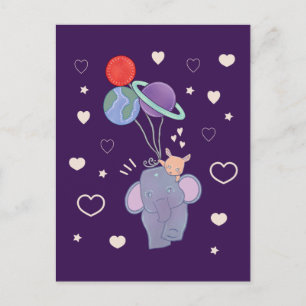 Elephant and Bunny Space Balloon Ride Whimsical Postcard