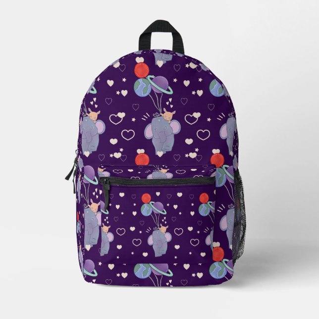Elephant and Bunny Space Balloon Ride | Whimsical  Printed Backpack (Front)