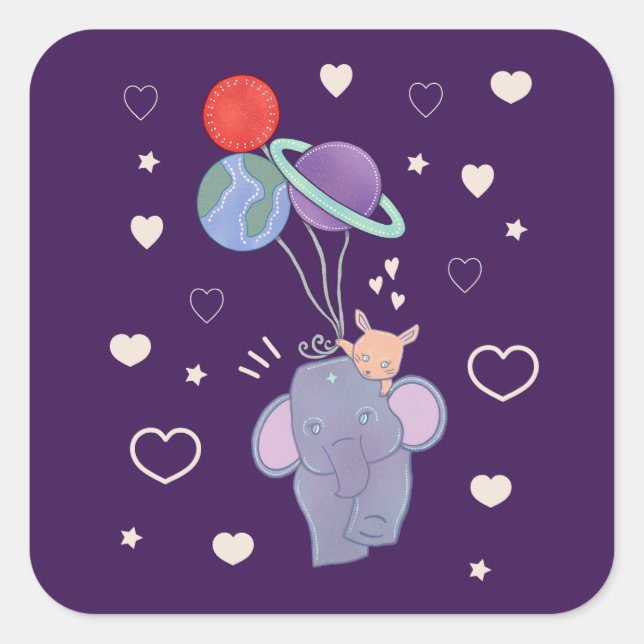 Elephant and Bunny Space Balloon Ride | Whimsical  Square Sticker (Front)