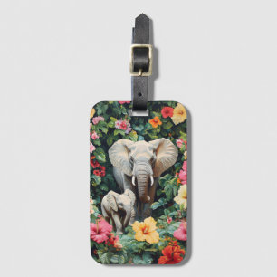 Elephant and Calf Hibiscus Flowers Luggage Tag
