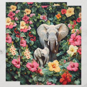 Elephant and Calf Hibiscus Flowers Scrapbook Paper