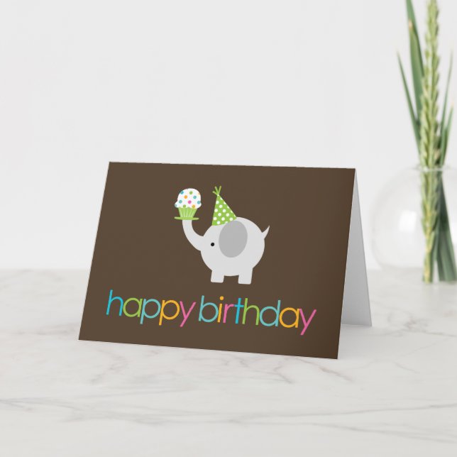 Elephant and Cupcake Birthday Greeting Cards (Front)