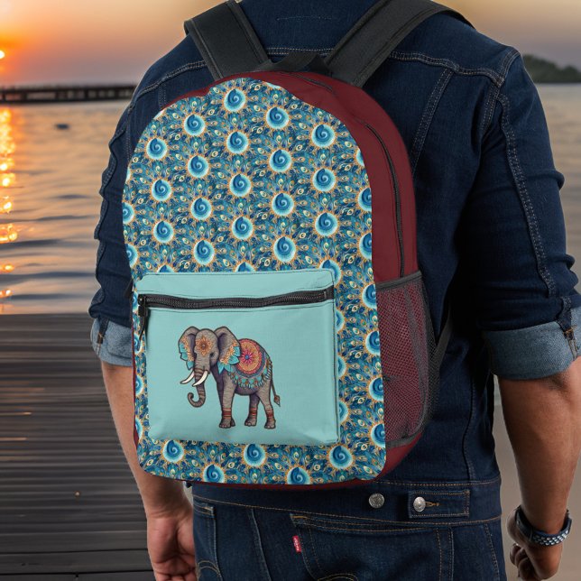 Elephant and Deep Aqua Red Mandalas n Initials Printed Backpack (Creator Uploaded)
