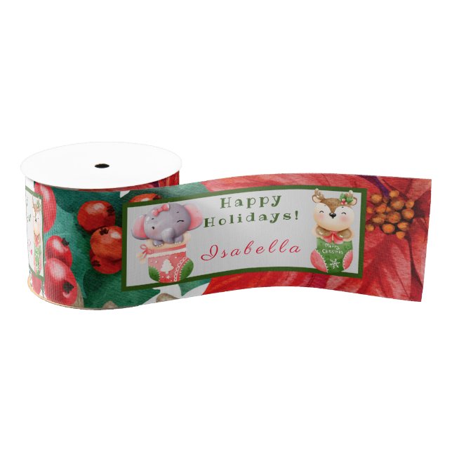 Elephant and Deer Customise Text and Name Grosgrain Ribbon (Spool)