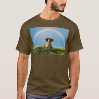 Elephant And Dog Sitting Under The Rainbow On A Gr T-Shirt