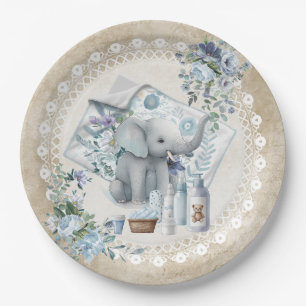 Elephant and dusty blue flowers boy baby shower paper plate