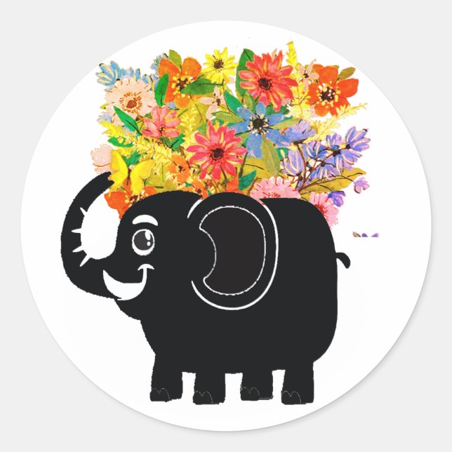 Elephant and flowers classic round sticker (Front)