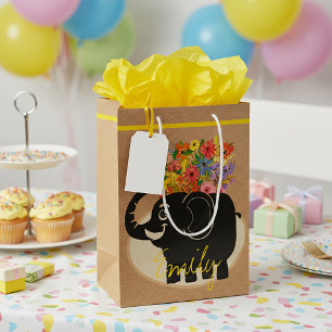 Elephant and flowers   medium gift bag