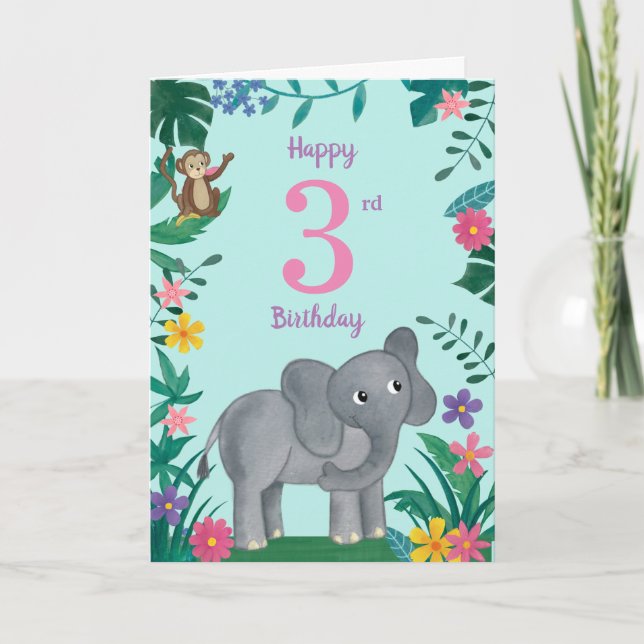 Elephant And friends 3rd  Birthday Card (Front)