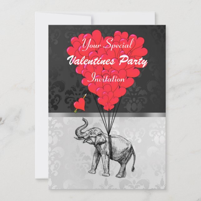 Elephant and heart on damask valentines party invitation (Front)