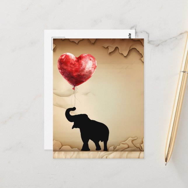 Elephant and heart shaped balloons Valentine's Postcard (Front/Back In Situ)