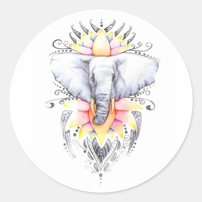 Elephant and lotus classic round sticker (Front)