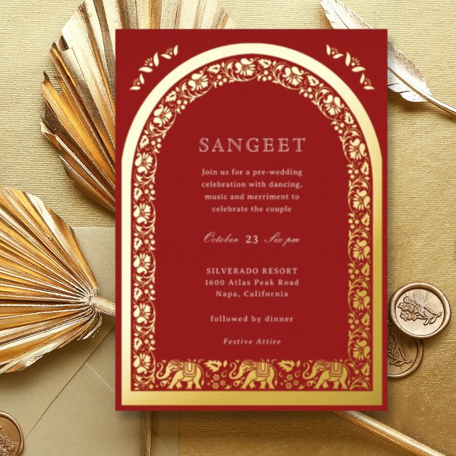 Elephant and Lotus Flower Indian Sangeet Gold (Red Indian wedding Sangeet invitation, elephant and lotus flower, hindu wedding invitation card)