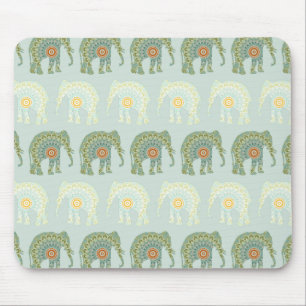 Elephant and Mandala in Light Green Mouse Pad