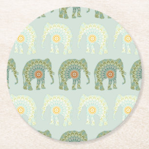 Elephant and Mandala in Light Green Round Paper Coaster