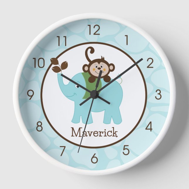 Elephant and Monkey Jungle Kids Nursery Wall  Clock (Front)
