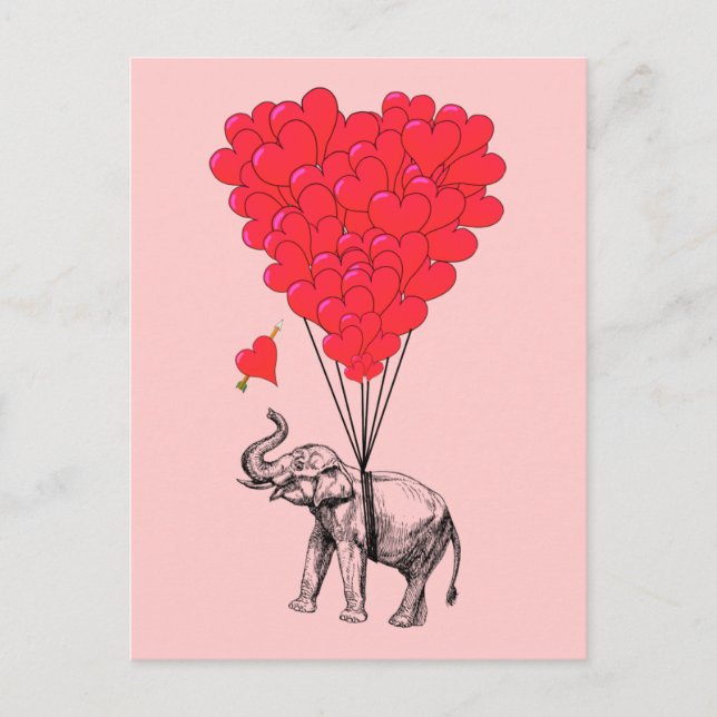 Elephant and red heart balloons postcard (Front)