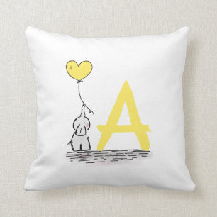 Elephant And Yellow Heart Balloon Monogram Nursery Cushion